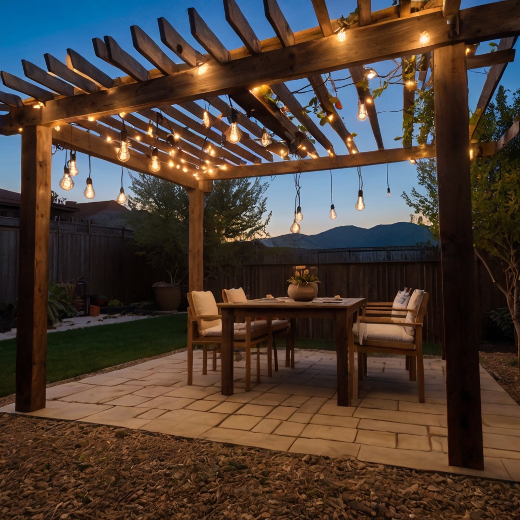 Tightly packed vertical bamboo poles form a serene privacy wall with golden sunlight casting warm highlights. Tropical plants and breeze-rustled leaves enhance the natural patio vibe.