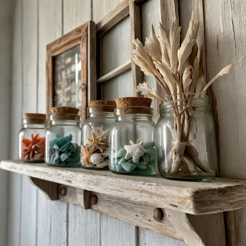 Beach-inspired shelf with driftwood, shells, and sand jars. Captures coastal charm in a stylish display.