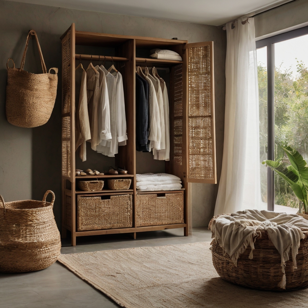 Open wood shelves filled with woven baskets line the wall of a natural boho bedroom. Casual storage blends practicality with earthy bohemian style.