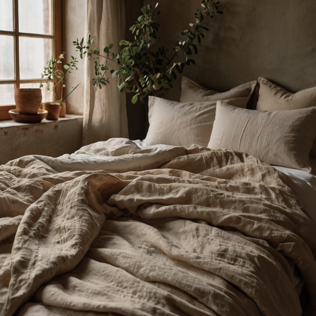 Loosely draped cotton and linen bedding flutter slightly in a breezy earthy boho bedroom. Light wrinkles and soft folds enhance the wild, natural feeling.