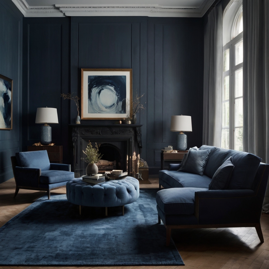 Craft a stylish living room with linen drapes, navy rug, and oceanic art pieces. Use natural light to balance soft textures and bold elements.