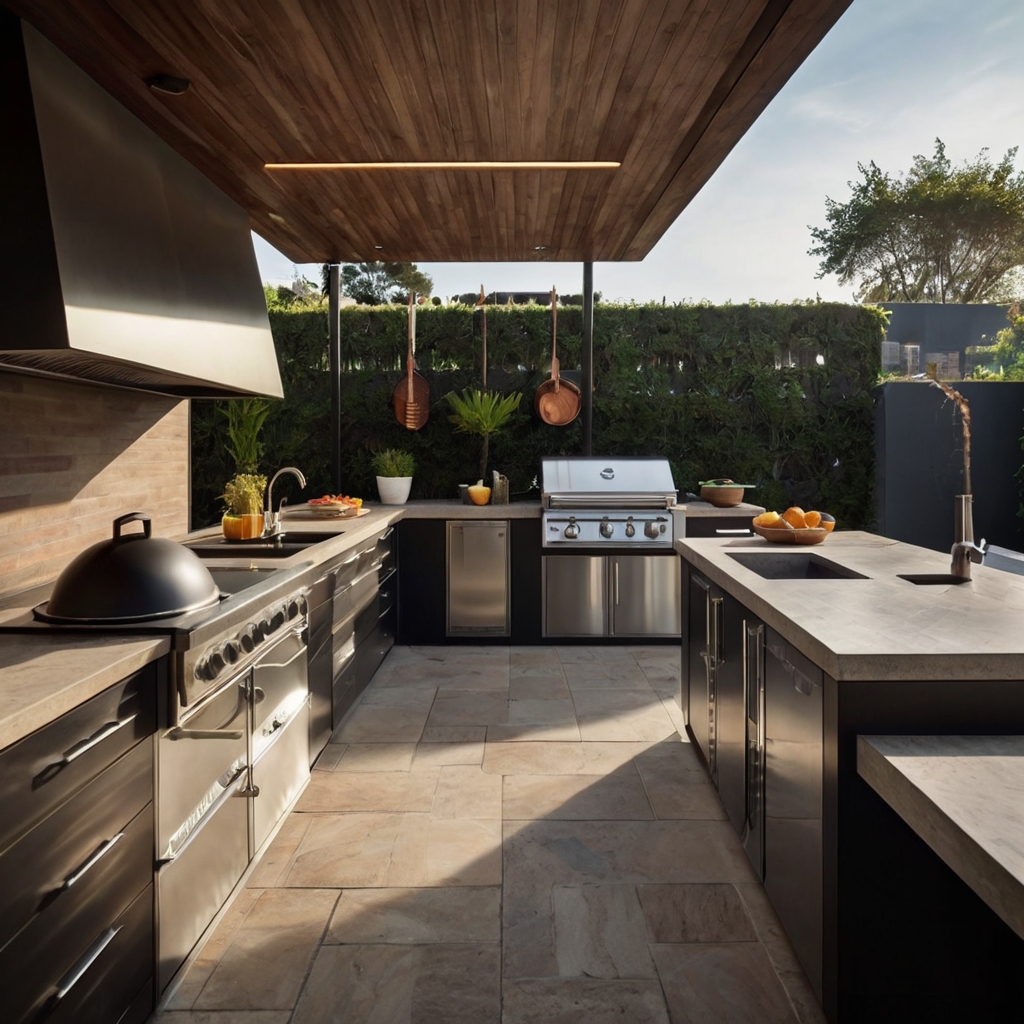 A weatherproof BBQ kitchen with water-resistant cabinets and fireproof tiles. Sleek designs ensure durability and style.