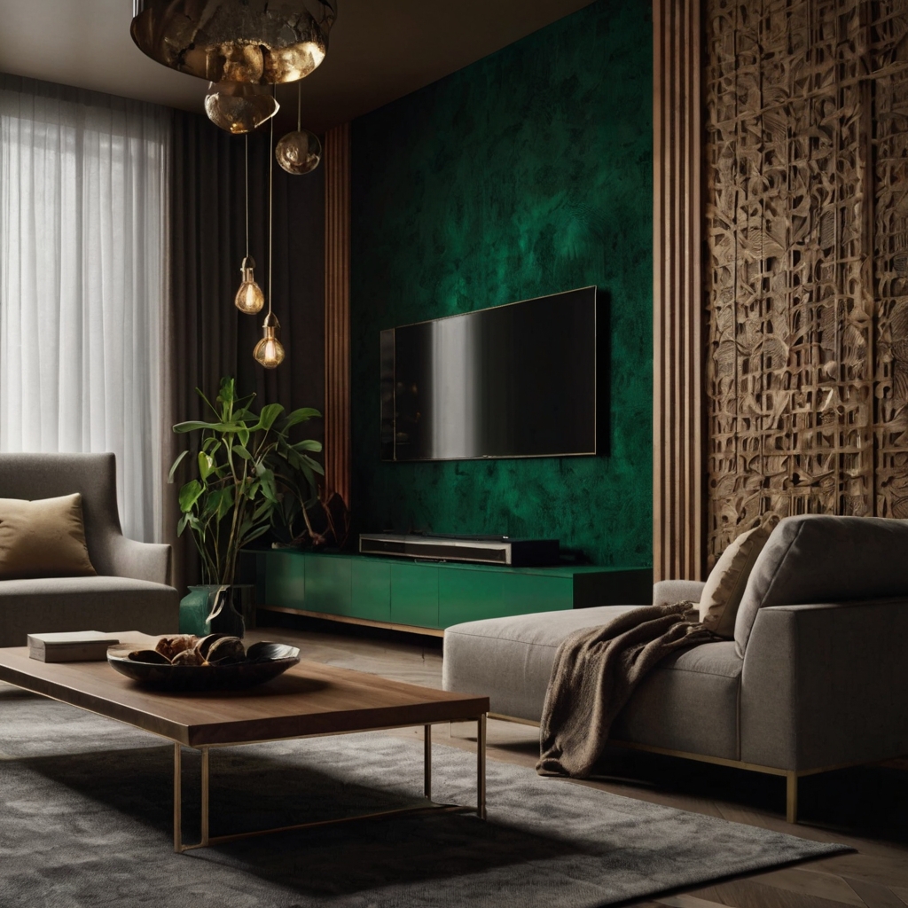 Earthy tones with wood panels and framed screens. Ceiling spotlights highlight layered textures and bold contrasts, creating a welcoming ambiance.