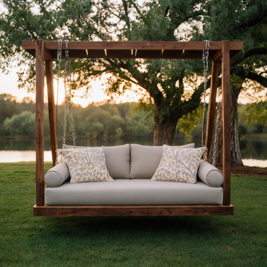 Swinging sofa suspended under leafy backyard trees at golden sunset. Whimsical outdoor seating perfect for carefree, breezy afternoons.