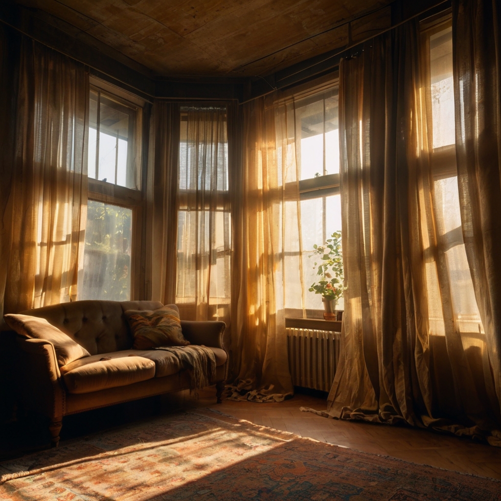 Light cotton curtains flutter in summer air. Replacing dark drapes for an open, sun-filled feel.