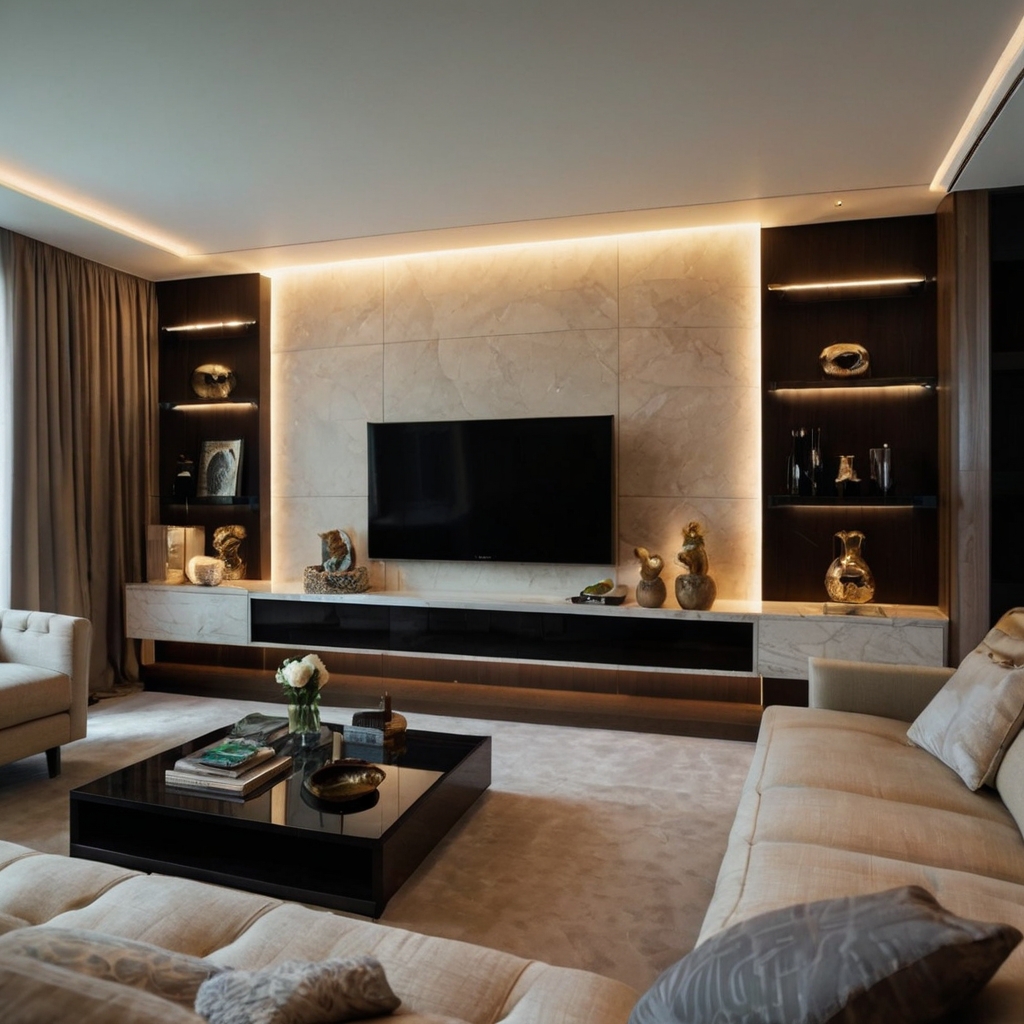 Built-in hidden storage keeps gadgets tucked away. Soft recessed lighting highlights the sleek design, combining functionality with aesthetic appeal.