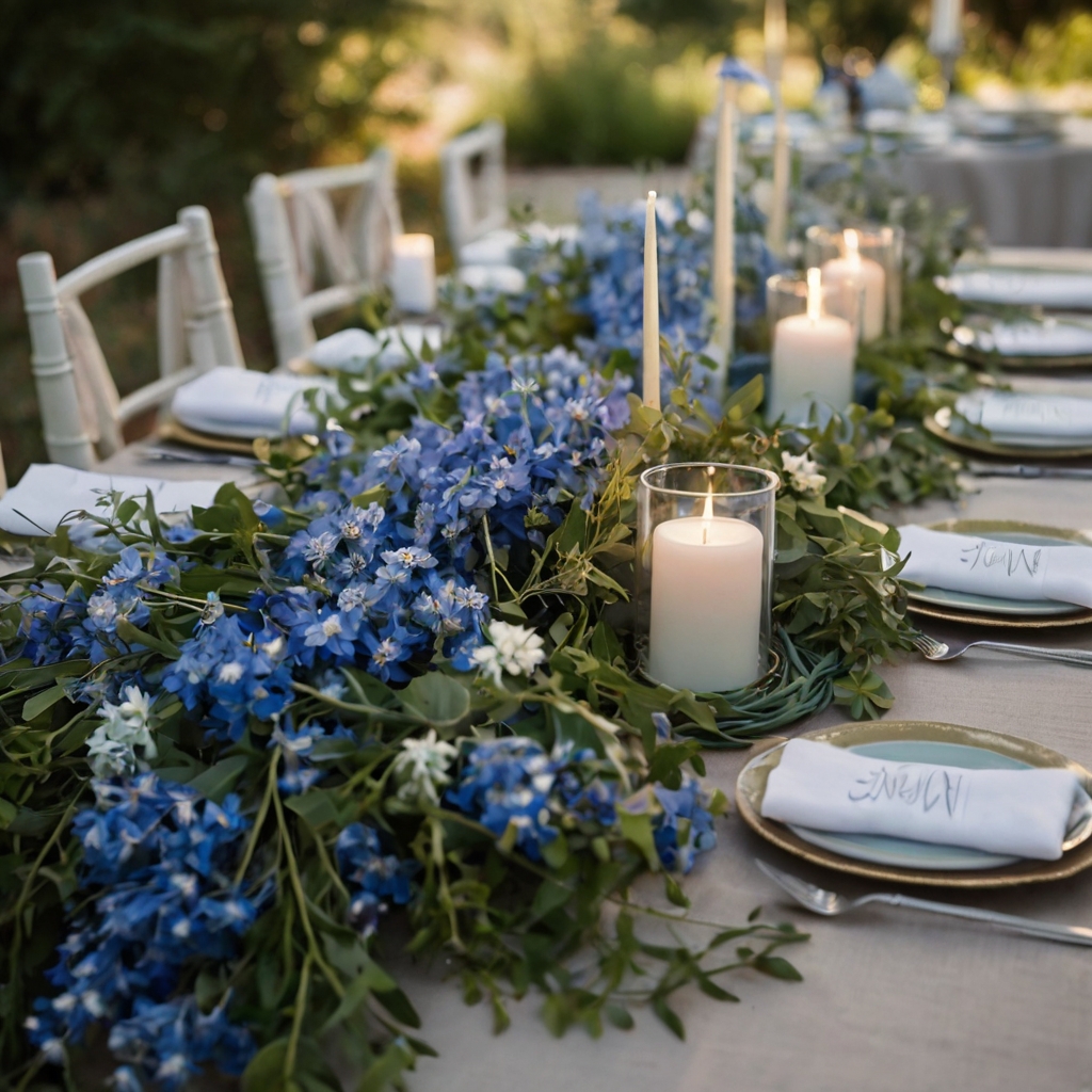 Blue wildflowers twist along a garland, flowing between soft linens and glowing lanterns. A whimsical, garden-party charm blooms along every curve of this high-angled view.