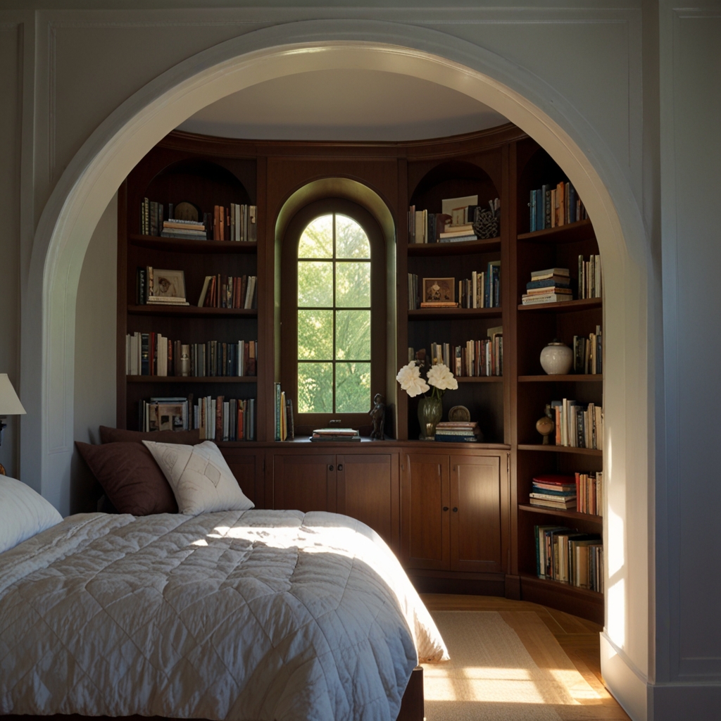 A tall arched bookshelf filled with books decorates the bedroom. Morning light casts soft shadows inside the curved niche.