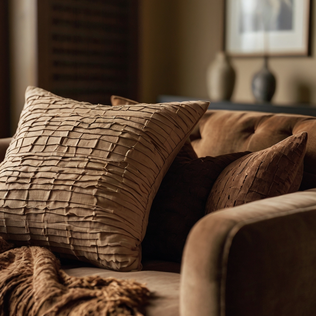 Tan pillows in soft textures layer on a chocolate couch. Neutral tones and daylight create a relaxed vibe.