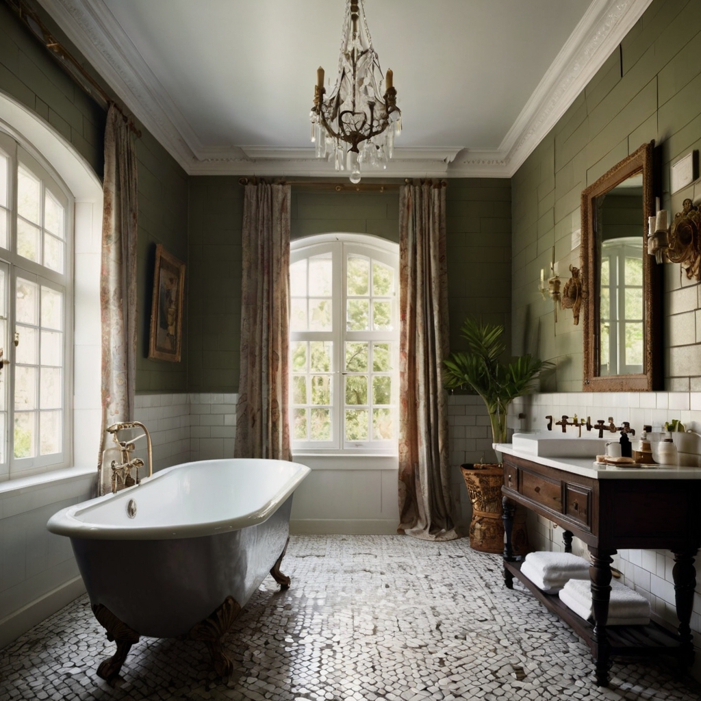 Vintage bathroom with clawfoot tub, antique mirror, and brass fixtures. Warm lighting enhances the nostalgic elegance of detailed tilework.