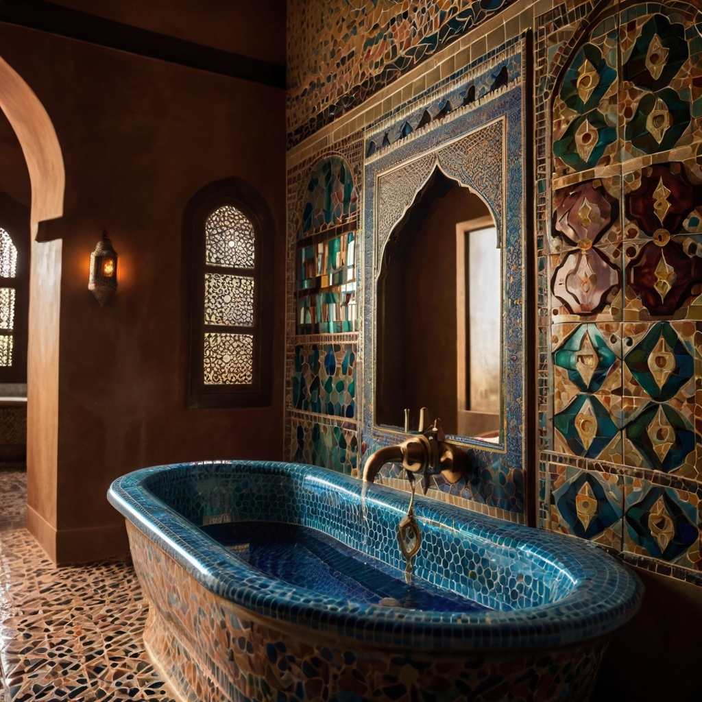 Moroccan-inspired bathroom with mosaic tiles, arched alcoves, and ornate lanterns. Warm glowing light enriches deep jewel-toned details.