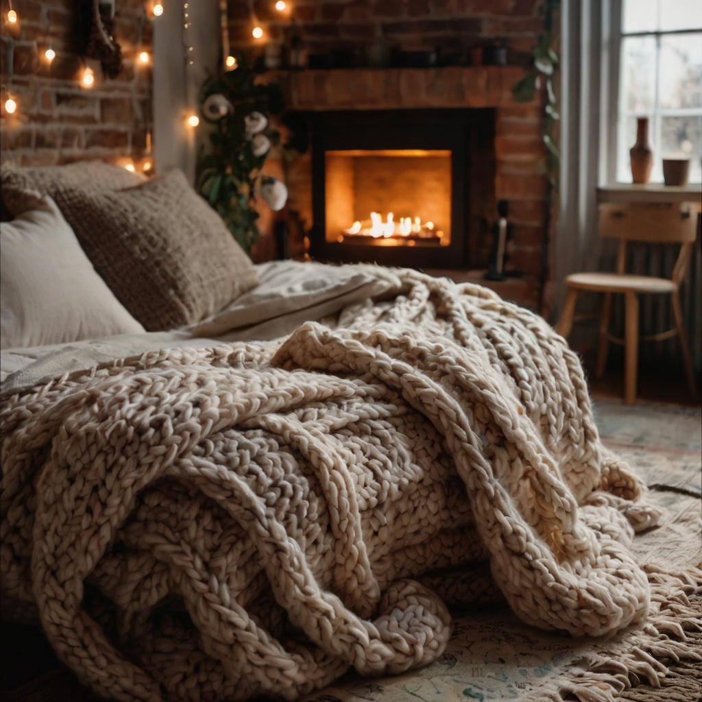 Thick, chunky knit blankets drape over vintage chairs and unmade boho beds. Heavy textures enhance the cozy, relaxed atmosphere.