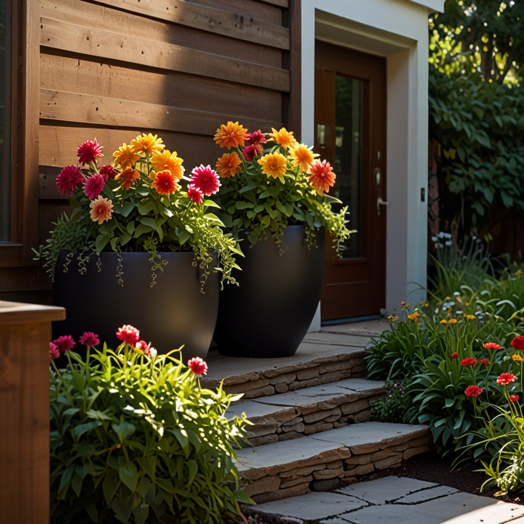 Stacked planters with dahlias and trailing vines near doorway. Rim-lit blooms pop under afternoon sun in a low-angle close-up.