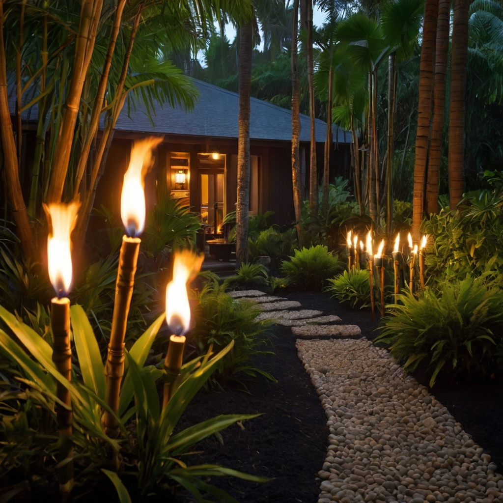 Tiki torches burn beside gravel paths casting bold flickering shadows. Bamboo stakes and citronella flames light backyard trails.