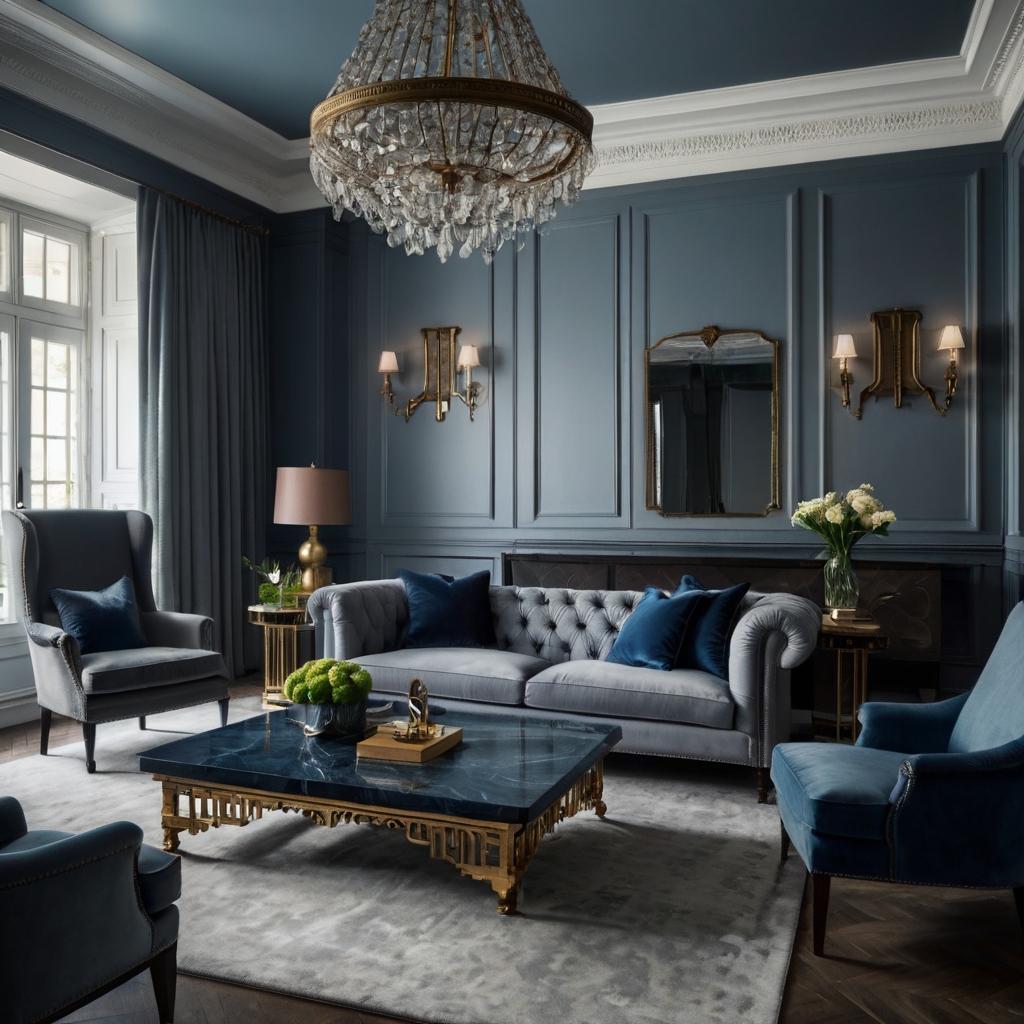 Blend traditional and modern in a blue grey living room with velvet accessories and classic wall paneling. Use natural light to highlight the elegant textures.