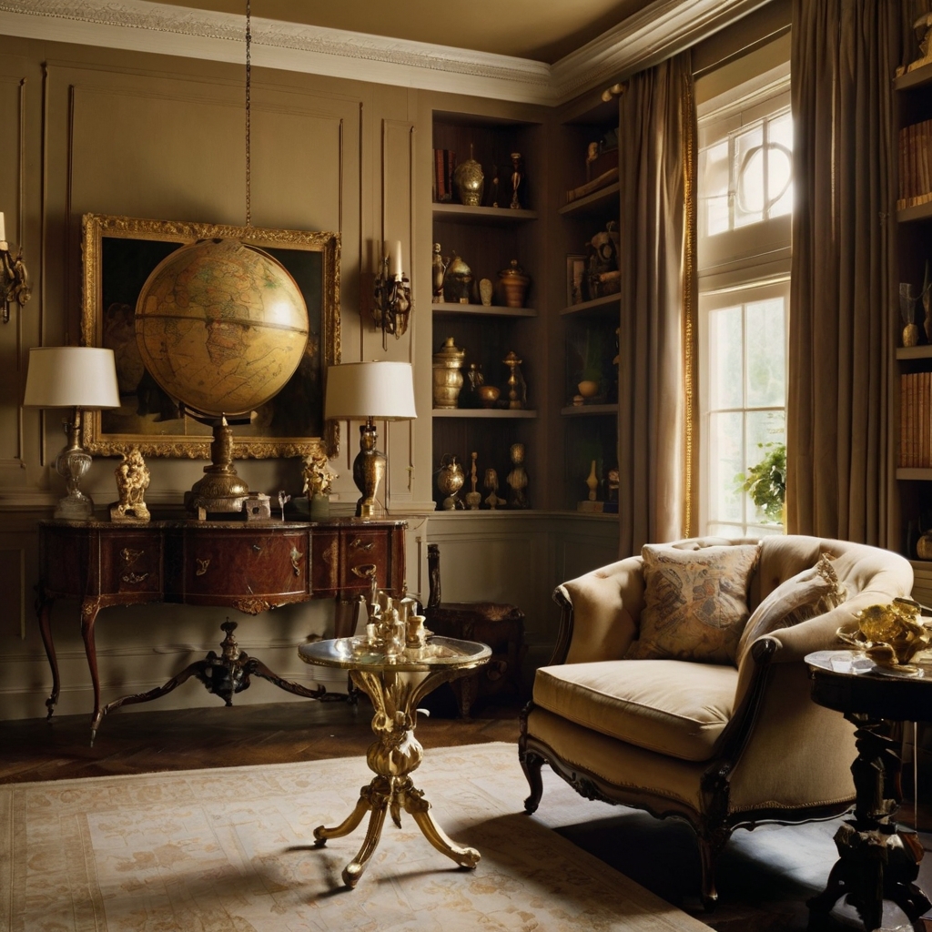 A sophisticated sitting room with antique treasures, lit by golden light. The space feels luxurious, emphasizing the craftsmanship.