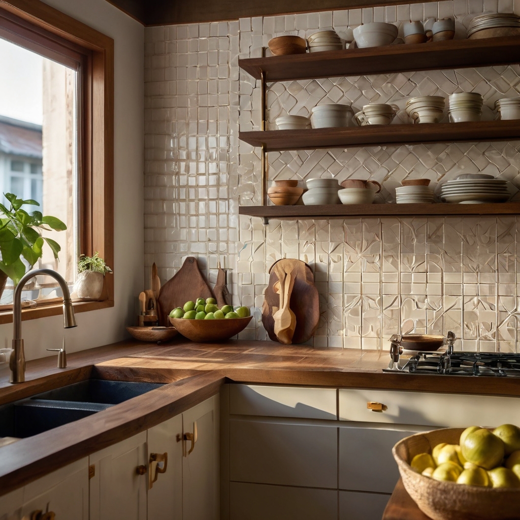 Ultra-realistic narrow kitchen with brass accents, cream walls, and glowing LED strips. Corner angle shows soft lighting and shimmering copper details.