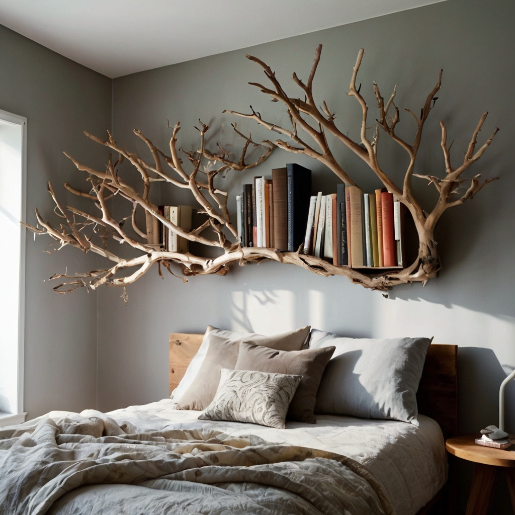 Branches sculpted into a wall shelf cradle books in a natural form. Morning backlight casts whimsical branch shadows.