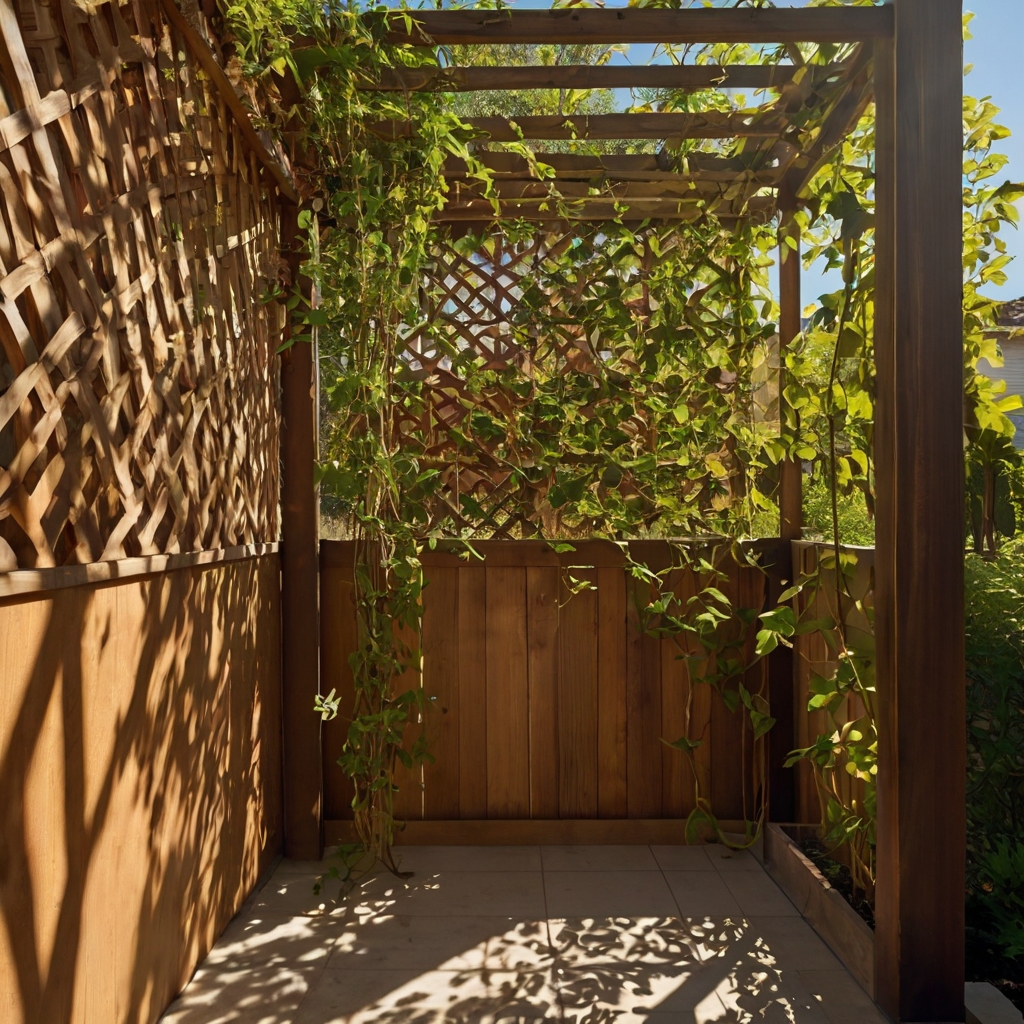 Stacked wooden planters brimming with greenery create a lush vertical privacy wall. Morning dew sparkles as butterflies drift through soft garden light.