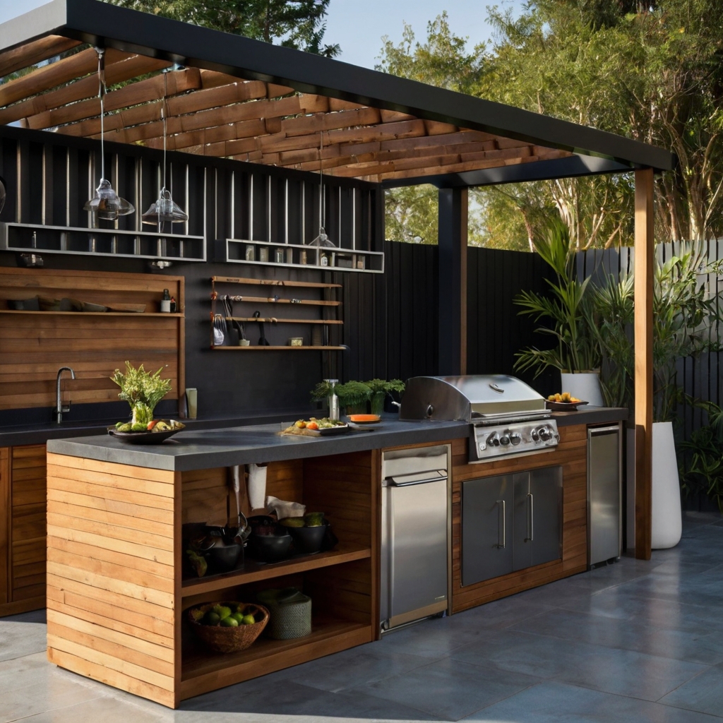 A modern BBQ kitchen with bamboo, recycled steel, and smokeless grills. Modular elements allow easy reconfiguration.