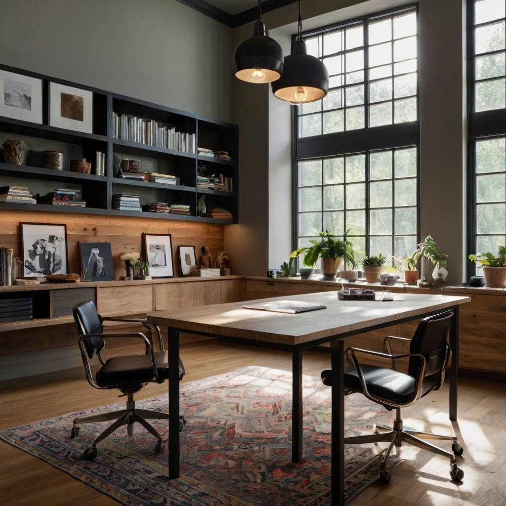 A trendy craft room with modern furniture and vibrant accents. Natural light and dynamic overhead lighting create a lively and practical atmosphere.