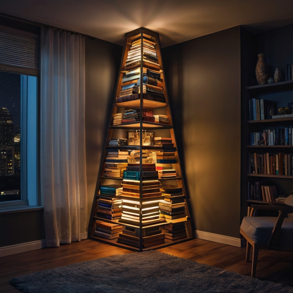 A tall triangle shelf in the bedroom corner stacks colorful books. Cool light and a sharp angle create a sculptural vibe.