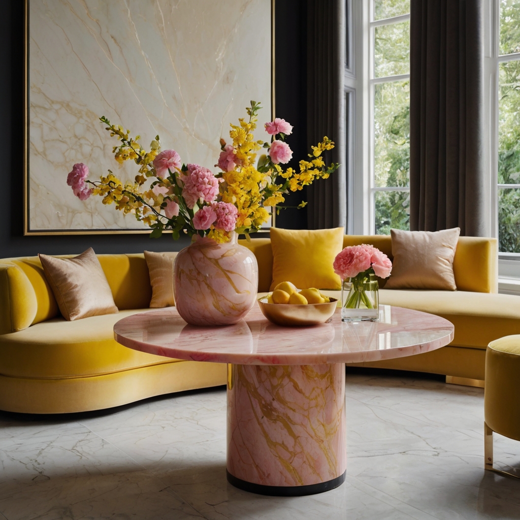 A pink marble table and a yellow vase filled with fresh flowers add luxury and freshness to the room. The contrasting textures and colors create an elegant yet lively atmosphere.