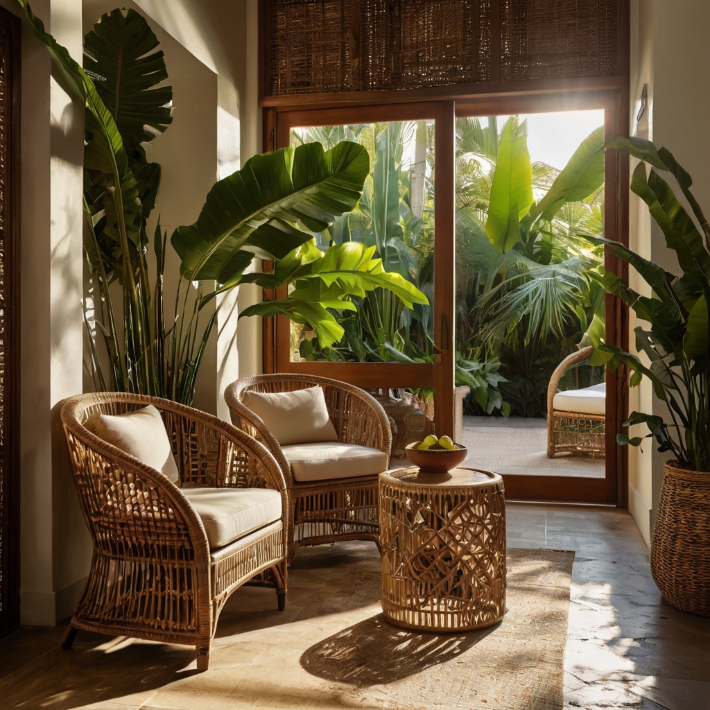 Natural rattan chairs and tables offer a beachy, laid-back look. Sunlight highlights their warm woven texture.