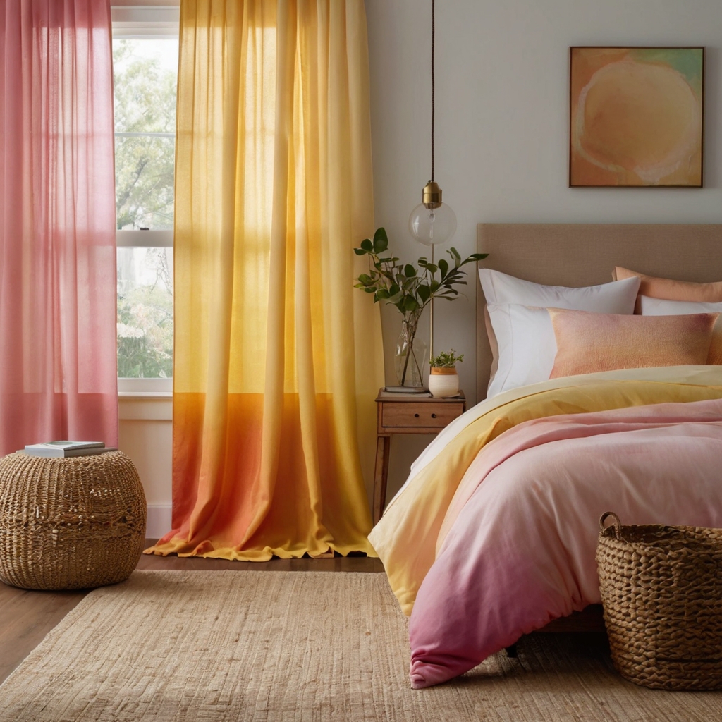 Sunset-inspired ombre bedding and drapes in pink and yellow create a serene, calming atmosphere. The soft gradient adds depth, making the room feel cozy and tranquil.