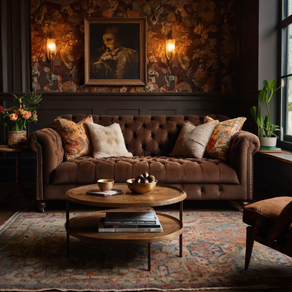Tufted chocolate sofa in an eclectic mix of vintage and boho pieces. Close-up detail captures playful texture.