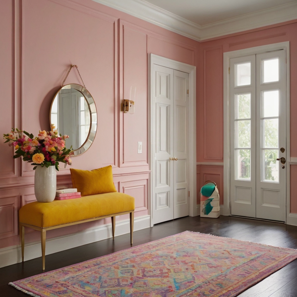 Pink and yellow hooks in entryways brighten soft pastel walls, creating a welcoming atmosphere. The playful colors add charm while offering functional storage.