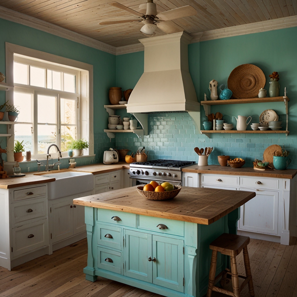 Turquoise tiles with vanilla cabinets shine in daylight. A fresh, breezy space with oceanic elegance.