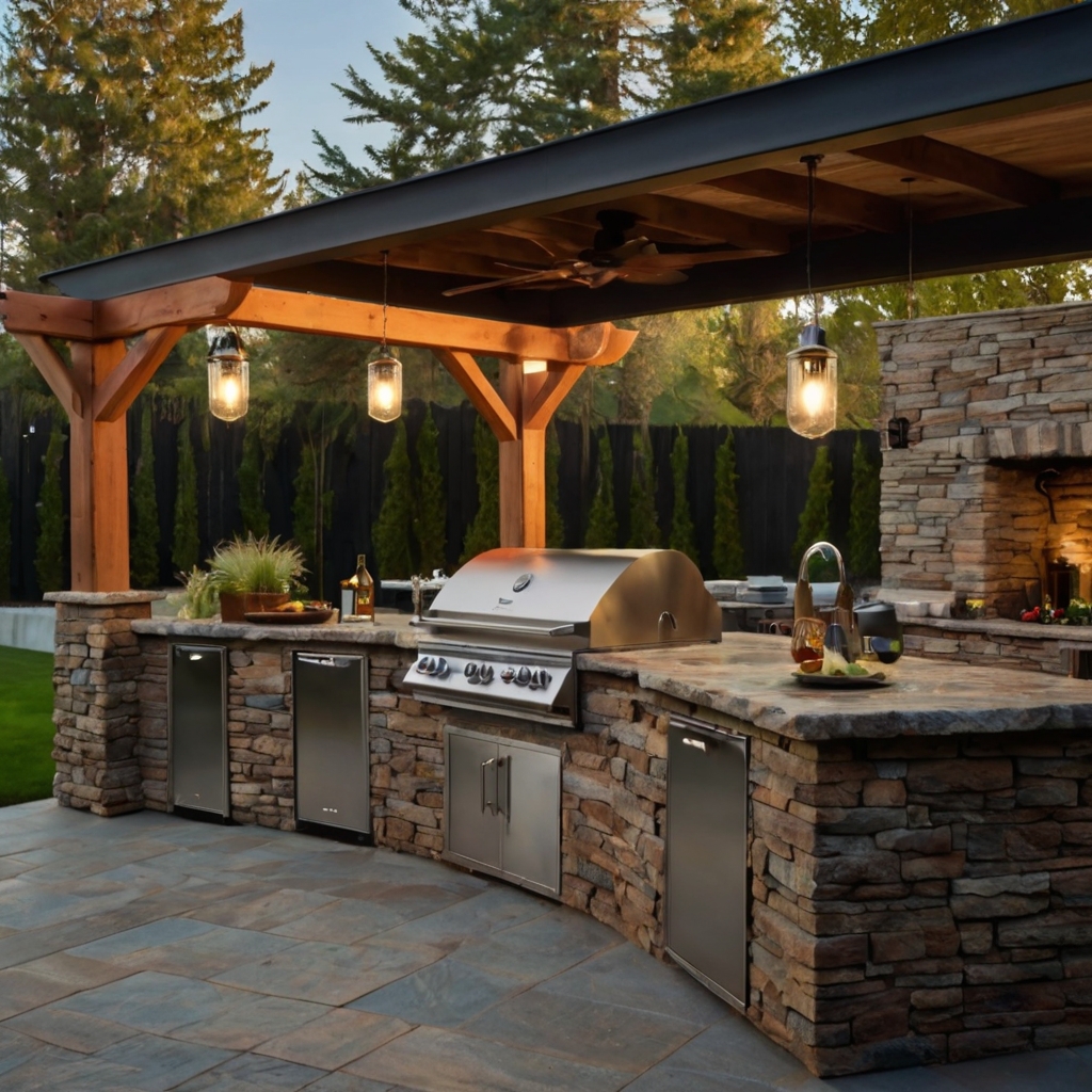 A cozy BBQ kitchen with stone countertops, bar seating, and warm lighting. Stainless steel grills and natural textures create a modern yet inviting space.