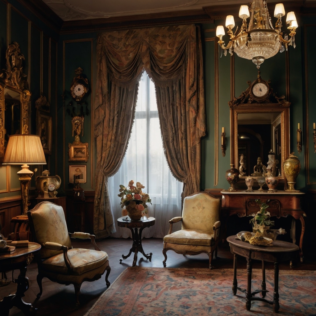 A formal sitting room with rare period pieces under soft lighting. The room exudes elegance, highlighting their historical value.