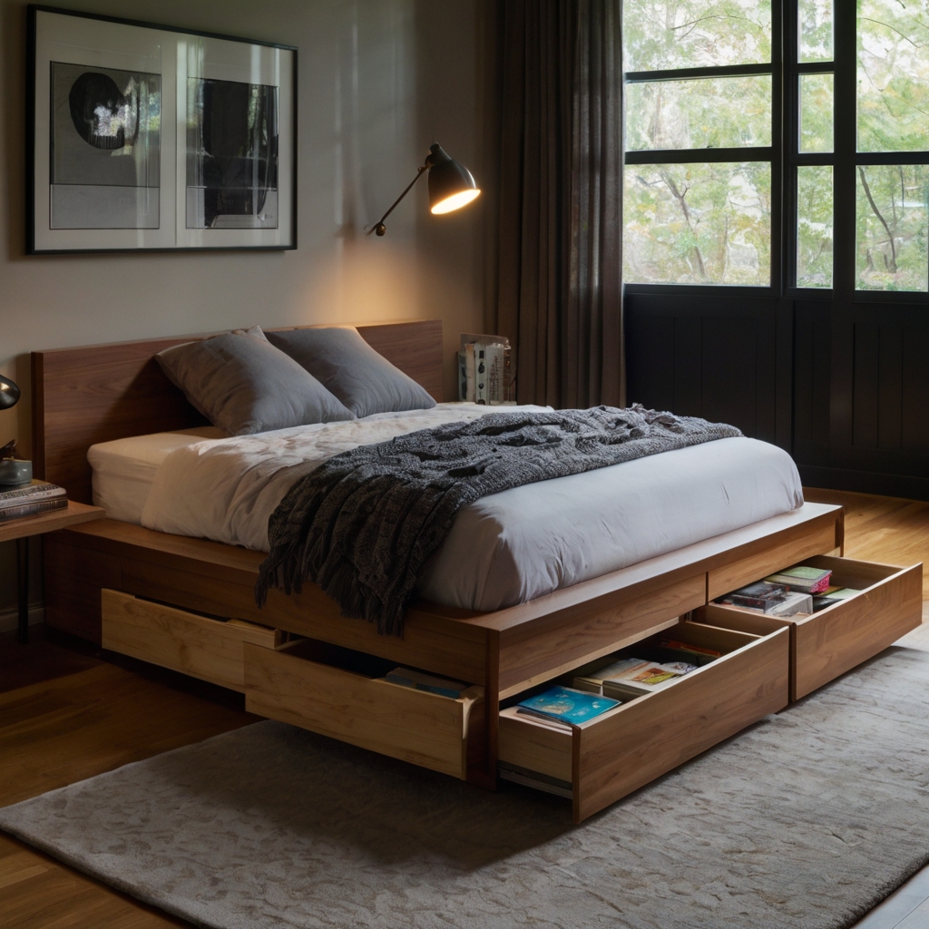 Pull-out drawers under a platform bed store books neatly. Soft overhead light shows the sliding function in action.