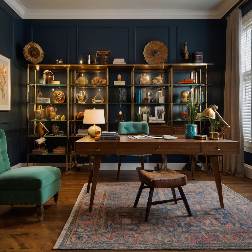 A unique craft office with vintage-inspired furniture and quirky decor. Soft, diffused lighting and rich wooden floors enhance the inviting, personalized space.