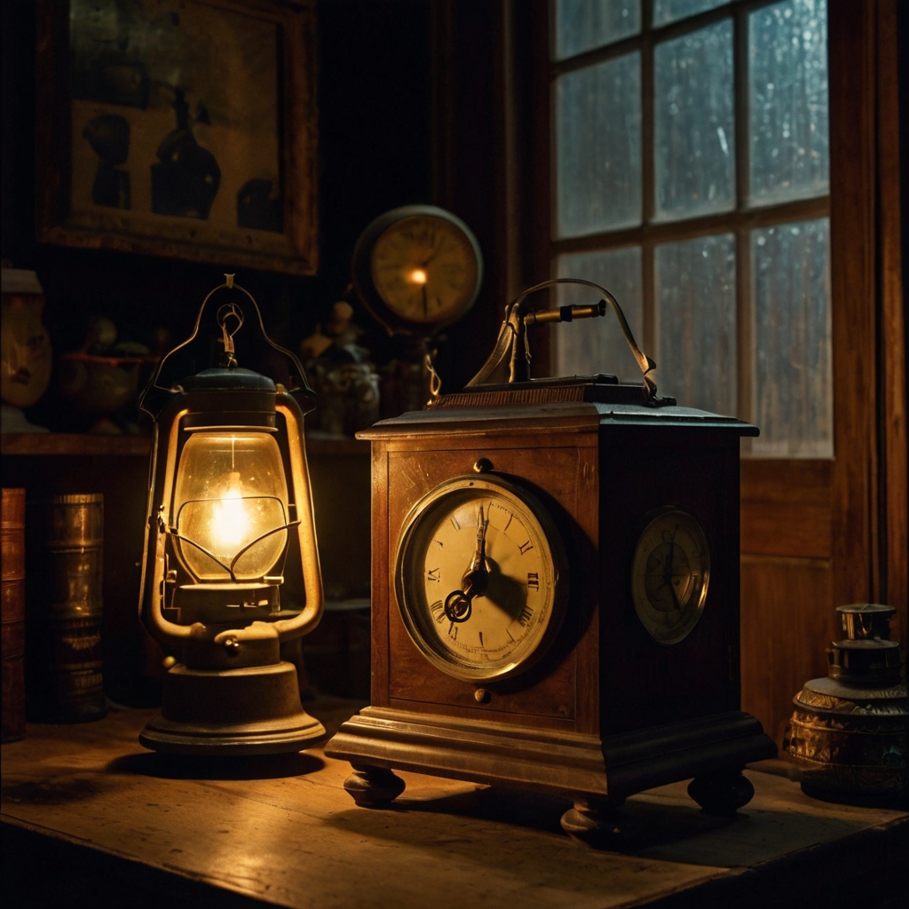 A quirky antique shop with focused lighting on odd items. The shadows enhance the eccentric, mysterious nature of each piece.
