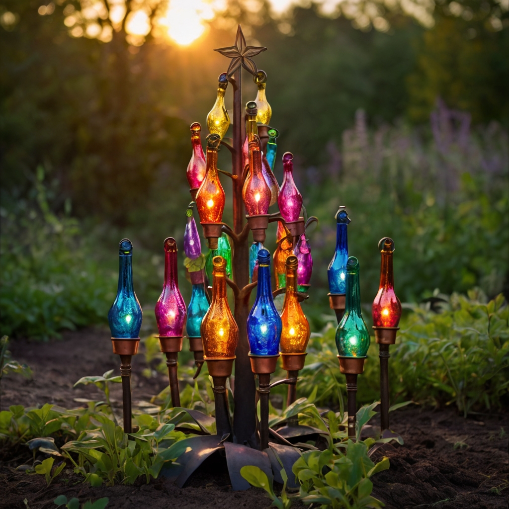 Glass bottles sparkle in sunlight atop iron branches in garden beds. Recycled decor twinkles with color near gnomes and stones.