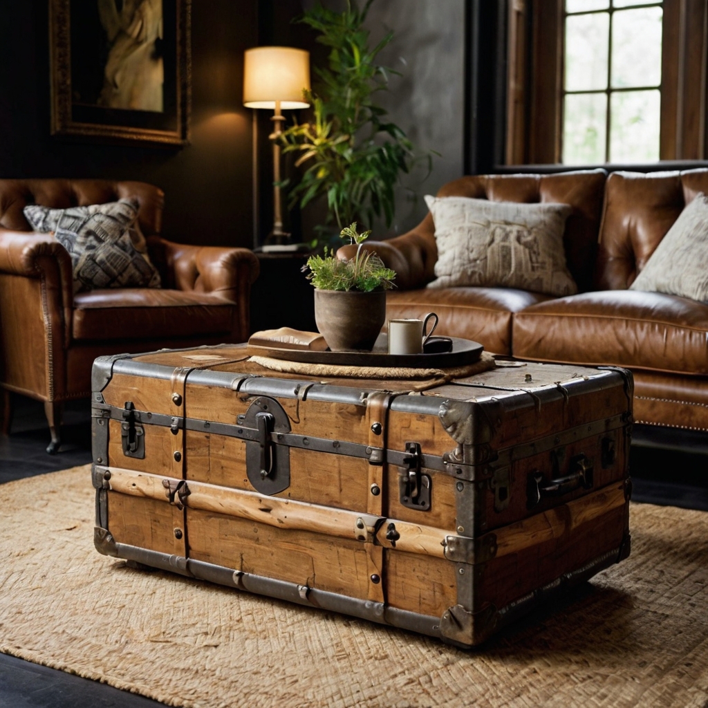 Vintage trunk coffee table showcasing weathered textures and old-world charm. Upcycled design blending nostalgia and practical new living use.