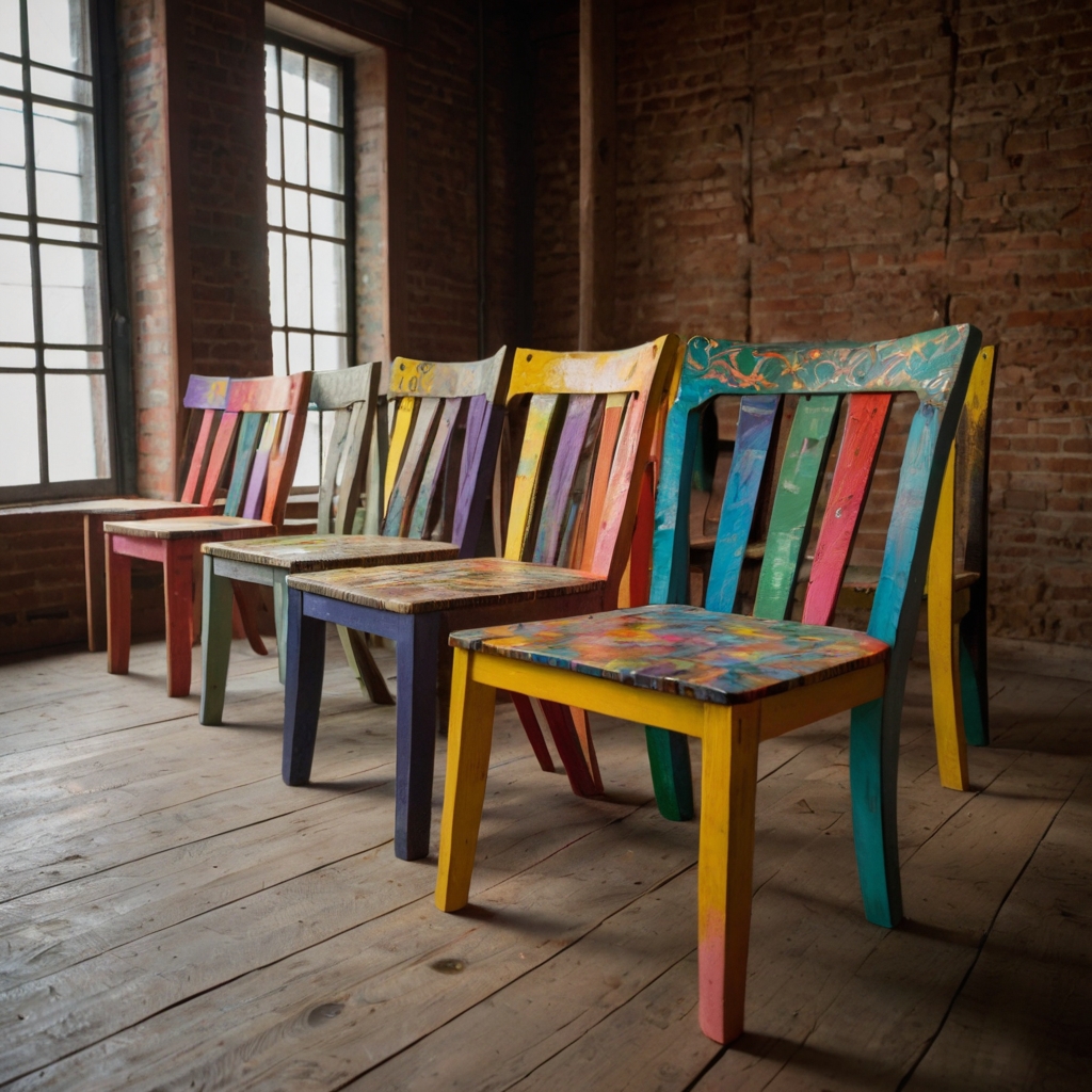 Upcycled wooden chairs with hand-painted floral or abstract details bring a rustic charm to a cozy room. Soft lighting showcases the unique imperfections and paint textures.