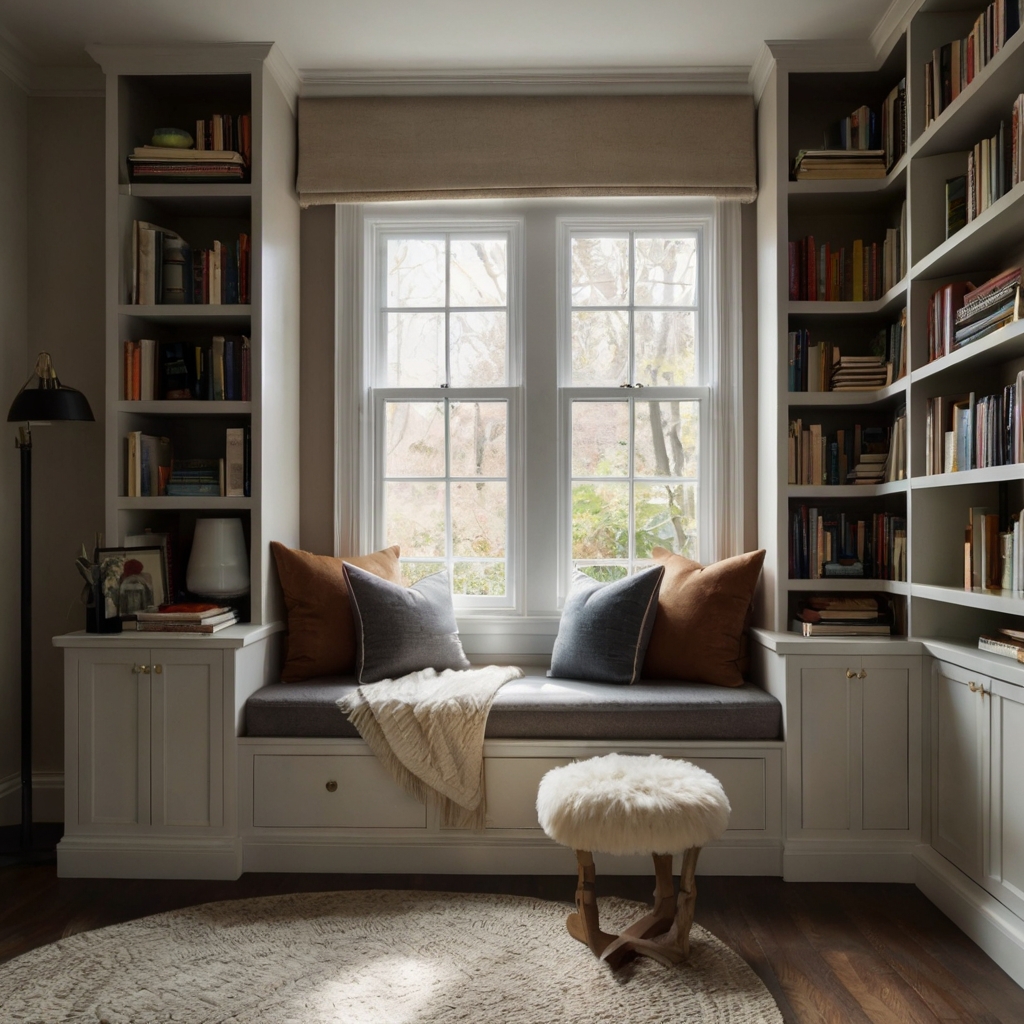 A cushioned bench above open shelves makes a cozy reading nook. Soft daylight highlights fabrics, textures, and spines.
