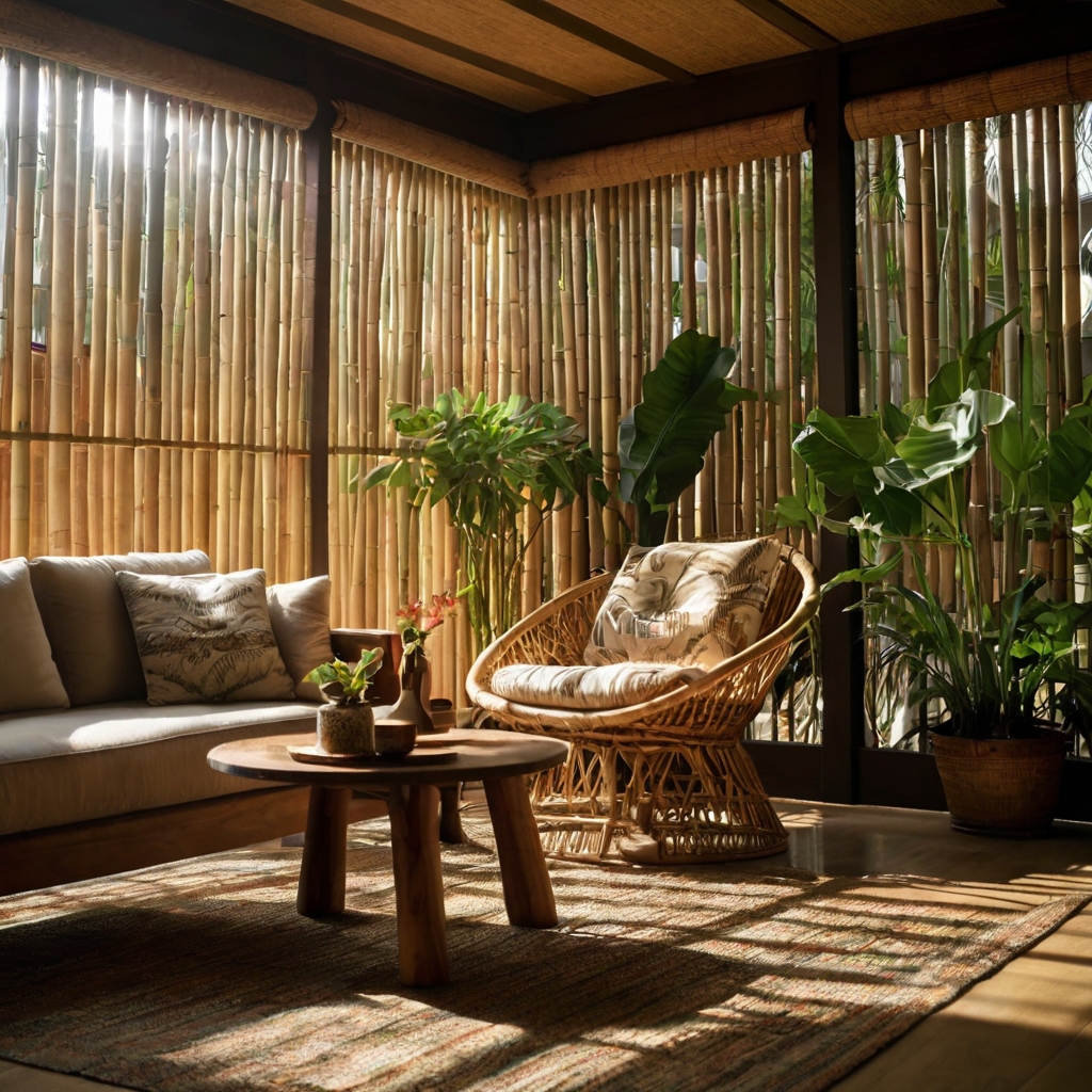 Bamboo blinds filter sunlight with warm shadows. Earthy tones give a tropical and cozy look.