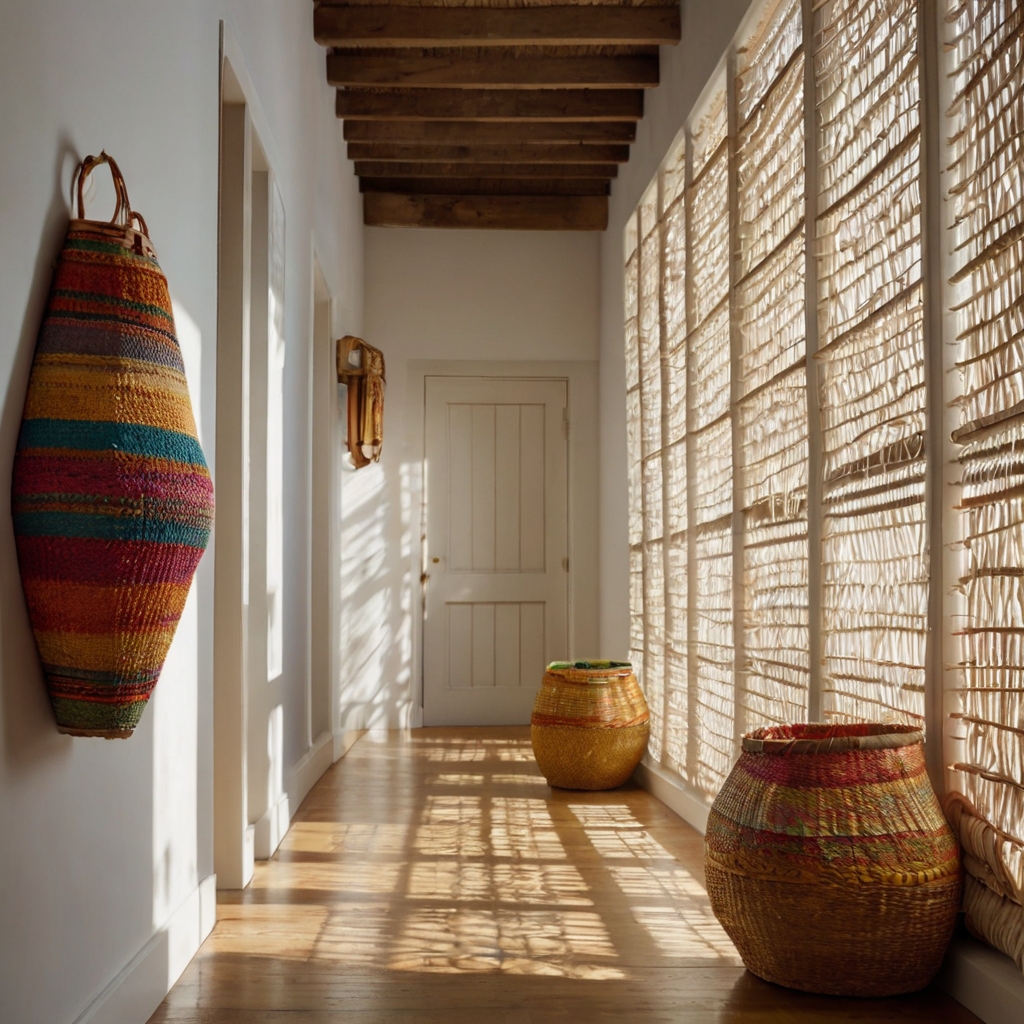Colorful woven wall baskets add pattern and vibrance. Bright and handmade for seasonal charm.
