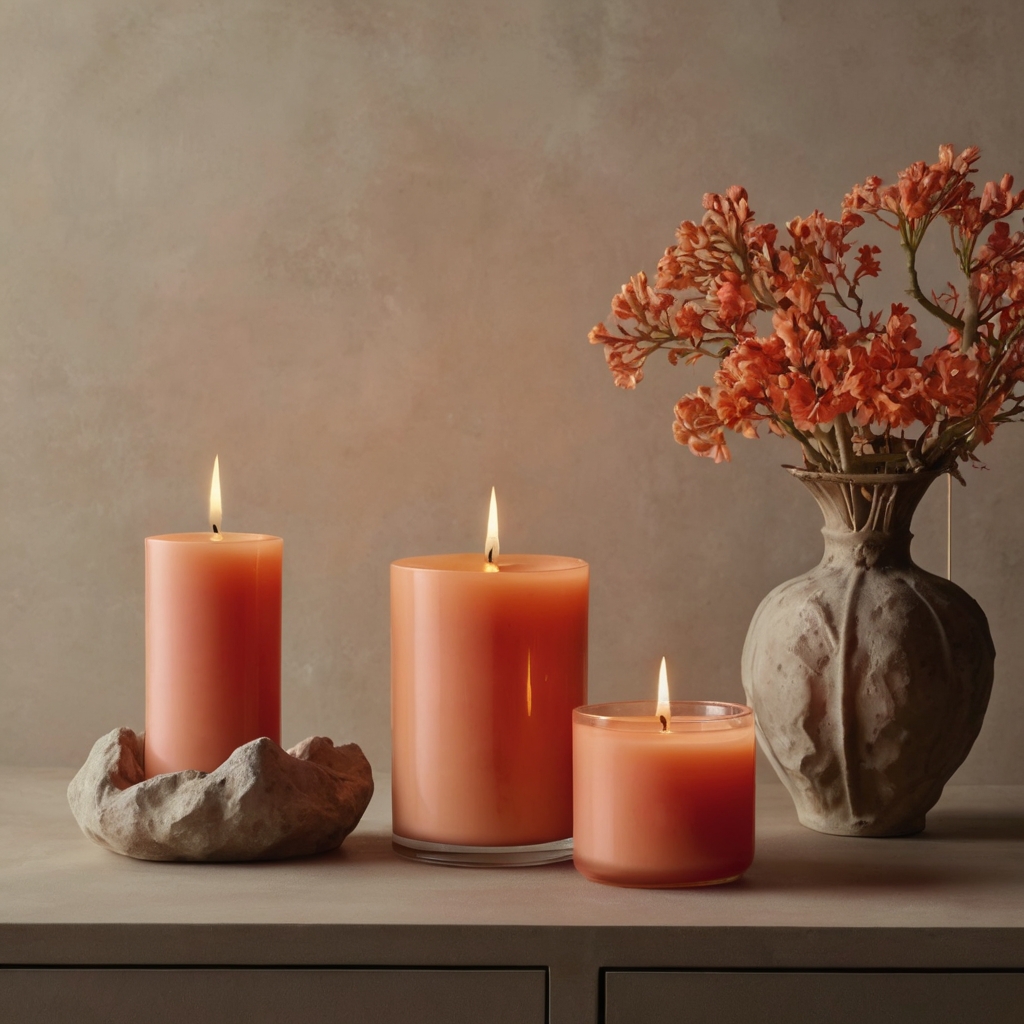 Coral accent pieces placed with restraint. Add warmth and contrast without overwhelming the space.