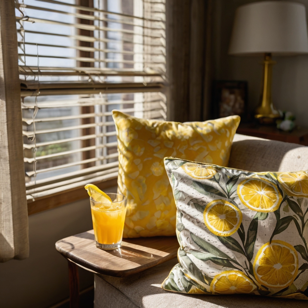 Lemon-print throw pillows brighten a white sofa. Playful and summery with citrus-inspired charm.