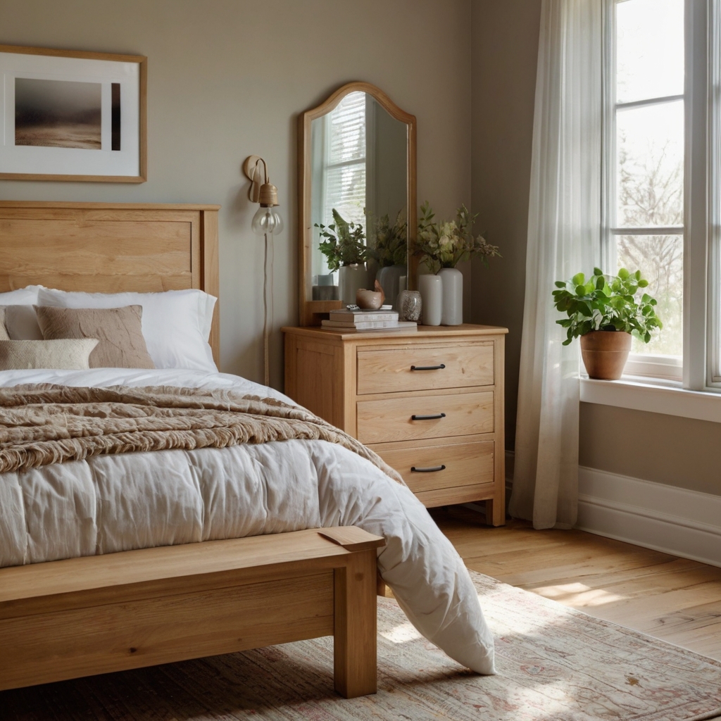 Light wood furnishings in birch and oak tones. Brightens the room with earthy, modern simplicity.
