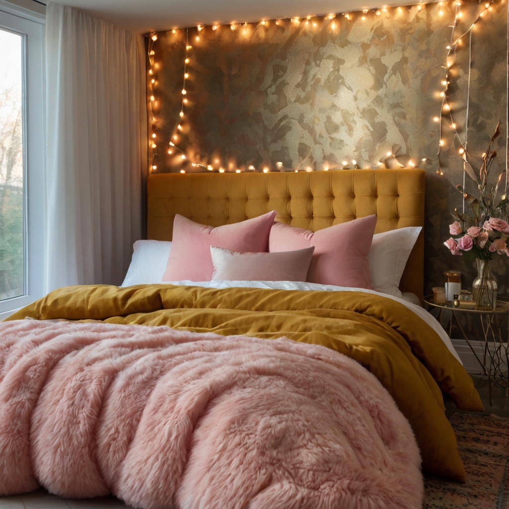 Mustard bedding and bubblegum pink pillows create an energetic and cozy retreat. The contrasting colors add depth, warmth, and a playful vibe to the bedroom.