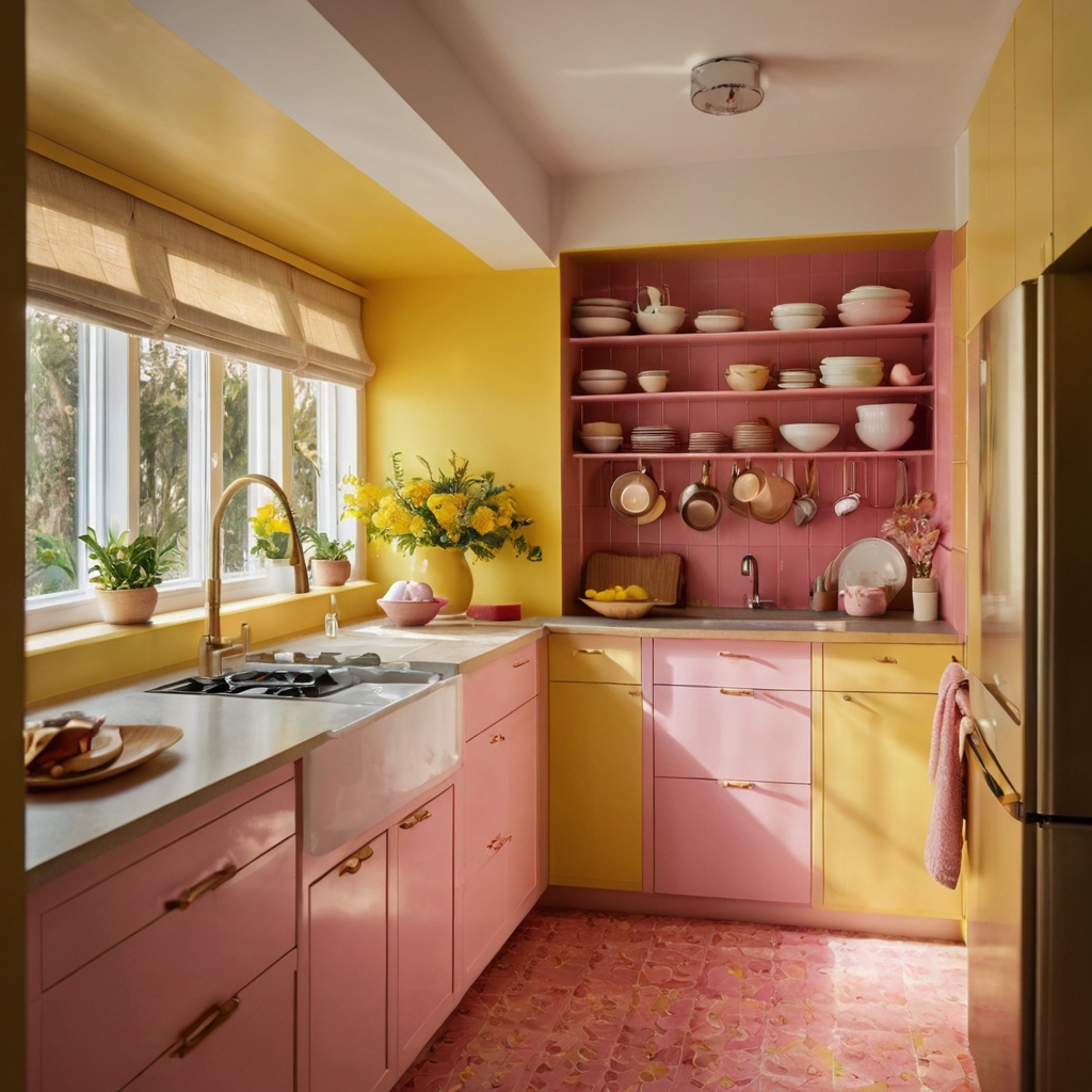 In a yellow kitchen, pink tiles bring a cheerful pop of color, complementing the golden cabinetry. The design adds charm and vibrancy, turning cooking into a joyful experience.