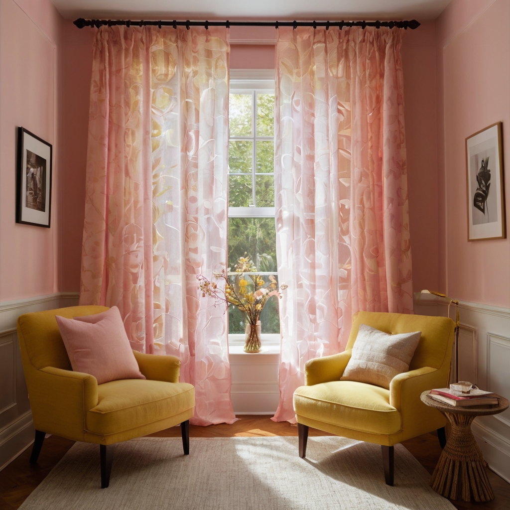 Sheer pink curtains soften yellow walls, creating a peaceful, balanced atmosphere. The gentle pink tone adds warmth while allowing natural light to filter through.
