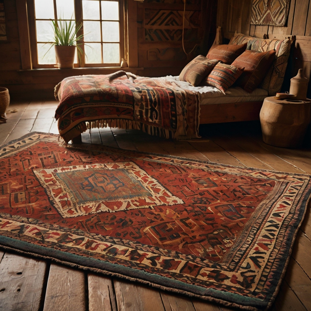 Tribal patterned rugs with bold earthy colors stretch under a low rustic bed. Geometric symbols and worn fibers add a wild, grounded energy.